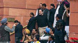 Rahul Gandhi with suspended Lok Sabha MPs during a protest at the Parliament.