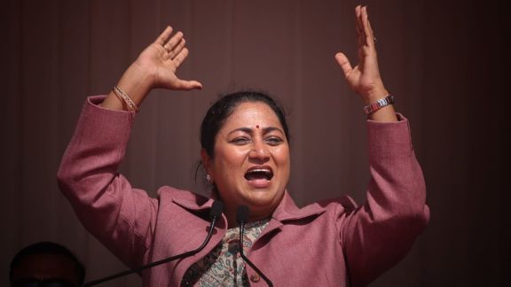 Delhi CM Rekha Gupta flagged off 500 EV buses at the Ram Leela Maidan in Delhi on Sunday. (Express Photo/Tashi Tobgyal)