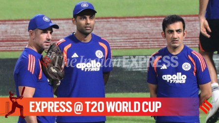 L-R: India assistant coach Ryan Ten Doeschate, captain Suryakumar Yadav and head coach Guatam Gambhir in action during practice session ahead of T20 World Cup 2026 match vs West Indies in Kolkata. (Express photo by Partha Paul)