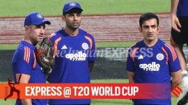 L-R: India assistant coach Ryan Ten Doeschate, captain Suryakumar Yadav and head coach Guatam Gambhir in action during practice session ahead of T20 World Cup 2026 match vs West Indies in Kolkata. (Express photo by Partha Paul)