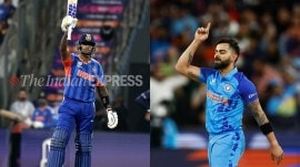 Suryakumar Yadav surpassed Virat Kohli to become Indian with most PoTM awards in T20Is. (Express photo by Narendra Vaskar & FILE)