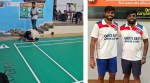 (LEFT) Satwiksairaj, on the floor, removing the paint and marking the tapes, the night before his father’s memorial event; (RIGHT) Satwiksairaj with his brother Ramcharan.(Photos: Special arrangement)