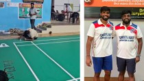 (LEFT) Satwiksairaj, on the floor, removing the paint and marking the tapes, the night before his father’s memorial event; (RIGHT) Satwiksairaj with his brother Ramcharan.(Photos: Special arrangement)
