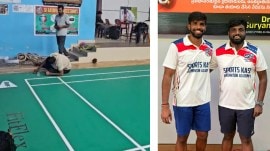 (LEFT) Satwiksairaj, on the floor, removing the paint and marking the tapes, the night before his father’s memorial event; (RIGHT) Satwiksairaj with his brother Ramcharan.(Photos: Special arrangement)