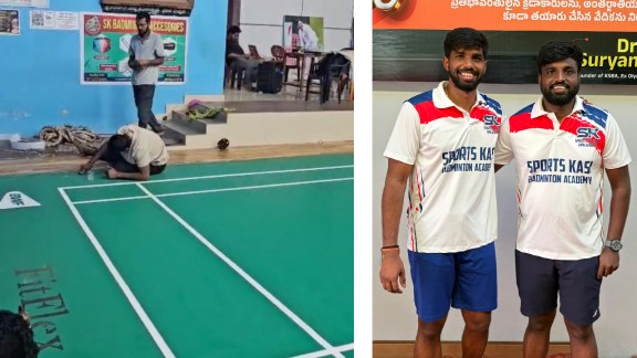 (LEFT) Satwiksairaj, on the floor, removing the paint and marking the tapes, the night before his father’s memorial event; (RIGHT) Satwiksairaj with his brother Ramcharan.(Photos: Special arrangement)