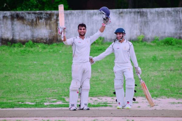 Sohaib celebrates a century for Kothi Kings Cricket Club in Gaya alongside his elder brother, Altamash, in 2021. (Special Arrangement)
