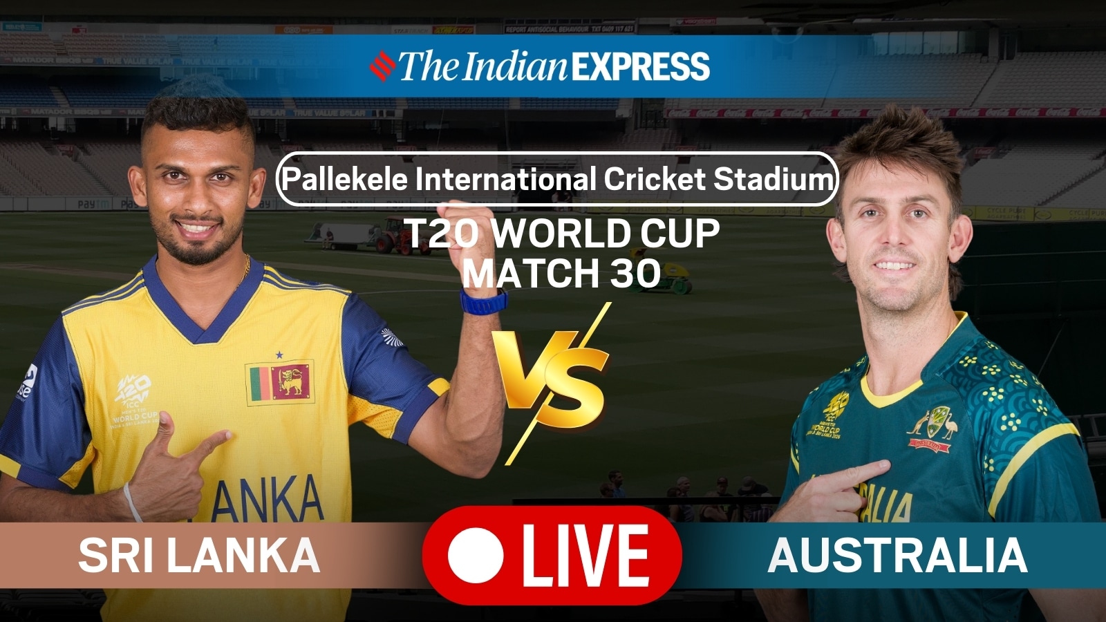  Follow Australia vs Sri Lanka T20 World Cup 2026 Group B fixture happening in Pallekele.