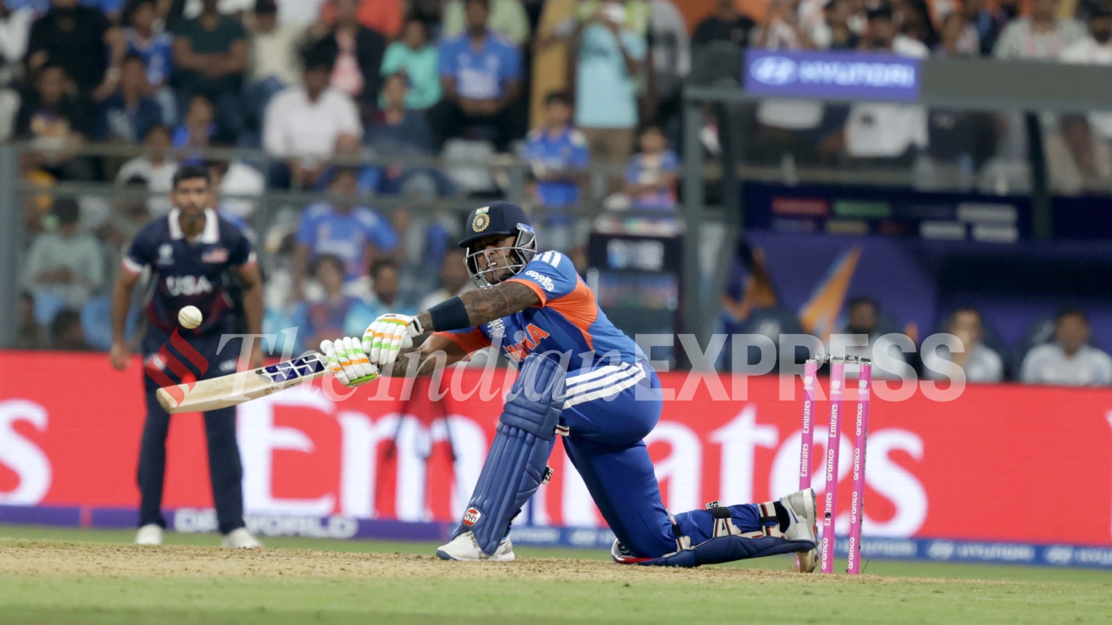 India skipper Suryakumar Yadav in action during the T20 World Cup match vs USA in Mumbai. (Express Photo by Narendra Vaskar)