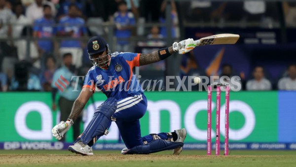 Suryakumar's shots are a photographer's delight, with a balletic balance about them. (Express photo by Narendra Vaskar)