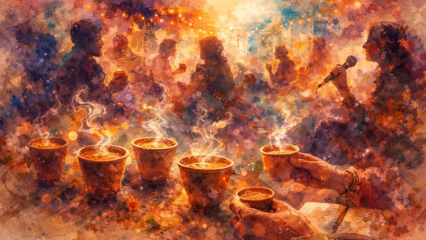 Abstract digital painting of several steaming clay chai cups in the foreground, with colorful blurred figures and soft lights forming an atmospheric background.