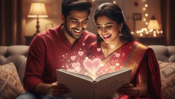 A young Indian couple—a man in a maroon shirt and a woman in a red and gold silk saree—sharing a moment of connection on a sofa. The couple in love are smiling at a glowing book titled "The Language of Us," which emits soft, magical hearts. The background features warm festive lighting, while the foreground includes traditional tea cups, chocolates, and tulips, symbolizing the intersection of cultural heritage and modern relationship psychology.