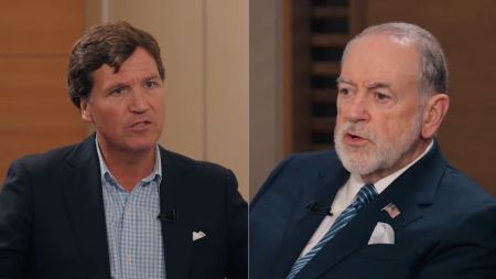 US Ambassador to Israel Mike Huckabee (right) in an interview with former Fox host Tucker Carlson. (Screenshot: X/@TCNetwork)