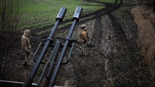 Soldiers from an anti-aircraft defense unit of the 38th Marine Brigade monitor the sky to shoot down Russian drones in the Donetsk region, Ukraine, Dec. 22, 2025. (Tyler Hicks/The New York Times)