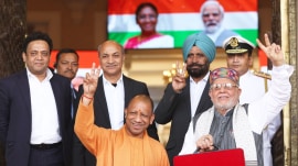 Uttar Pradesh Chief Minister Yogi Adityanath along with Finance Minister Suresh Khanna ahead of presenting the Budget at the state assembly in Lucknow on Wednesday.