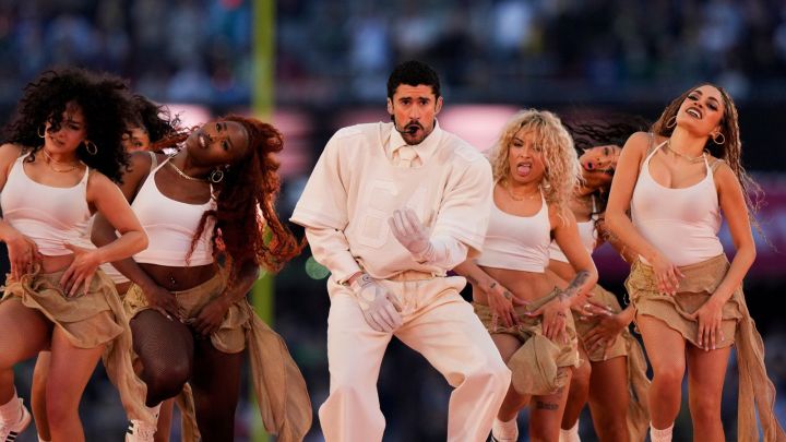 Bad Bunny performs during halftime of the NFL Super Bowl 60 football game between the New England Patriots and the Seattle Seahawks, Sunday, Feb. 8, 2026, in Santa Clara, Calif. (AP Photo/Lynne Sladky)
