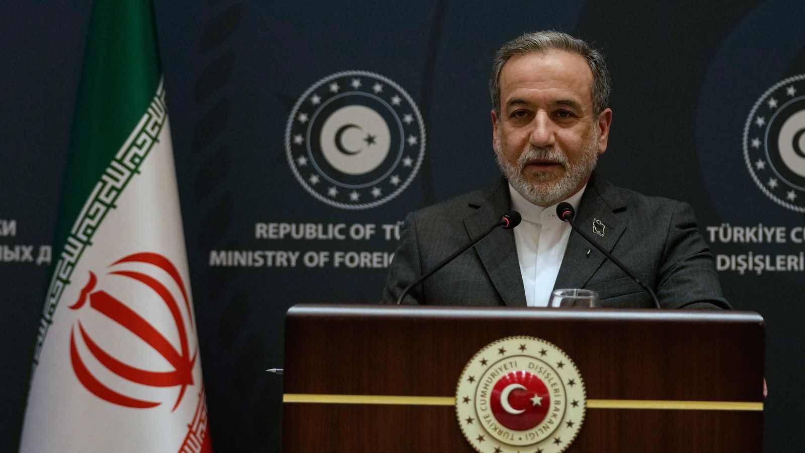 Iranian Foreign Minister Abbas Araghchi speaks to journalists during a joint press conference with his Turkish counterpart Hakan Fidan in Istanbul, Turkey