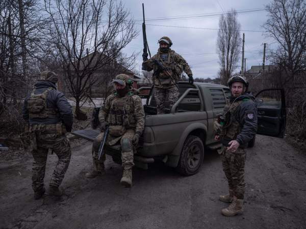Soldiers at a pickup before assignments on the frontline near Kostyantynivka, Donetsk region, Ukraine. (AP Photo)