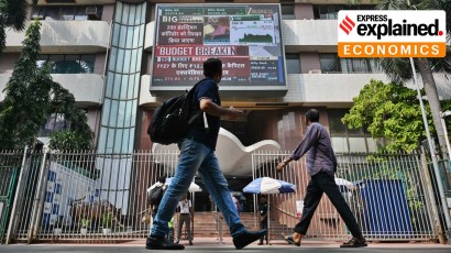 The Bombay Stock Exchange (BSE) shows a live screening of Finance Minister Nirmala Sitharaman presenting the Union Budget 2026, in Mumbai.