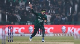 Pakistan spinner Usman Tariq in action during a T20I against Australia. (PHOTO: AP)