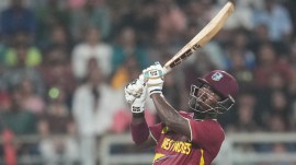 West Indies' Sherfane Rutherford plays a shot during the T20 World Cup cricket match between England and West Indies in Mumbai. (AP Photo)