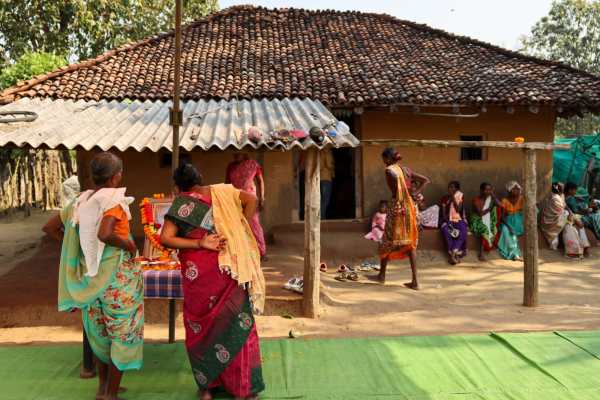 Preparations underway in Uskaled village as villagers arrange tributes for DRG jawan Mohan Baddi before his funeral rites. (Photo credit: Chitral Khambhati)