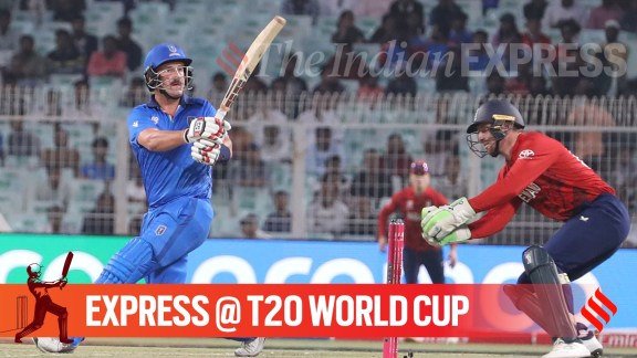 Ben Manenti smashed Will Jacks for 13 runs with Italy posting 47/3 at the end of the powerplay. (Express Photo by Partha Paul)