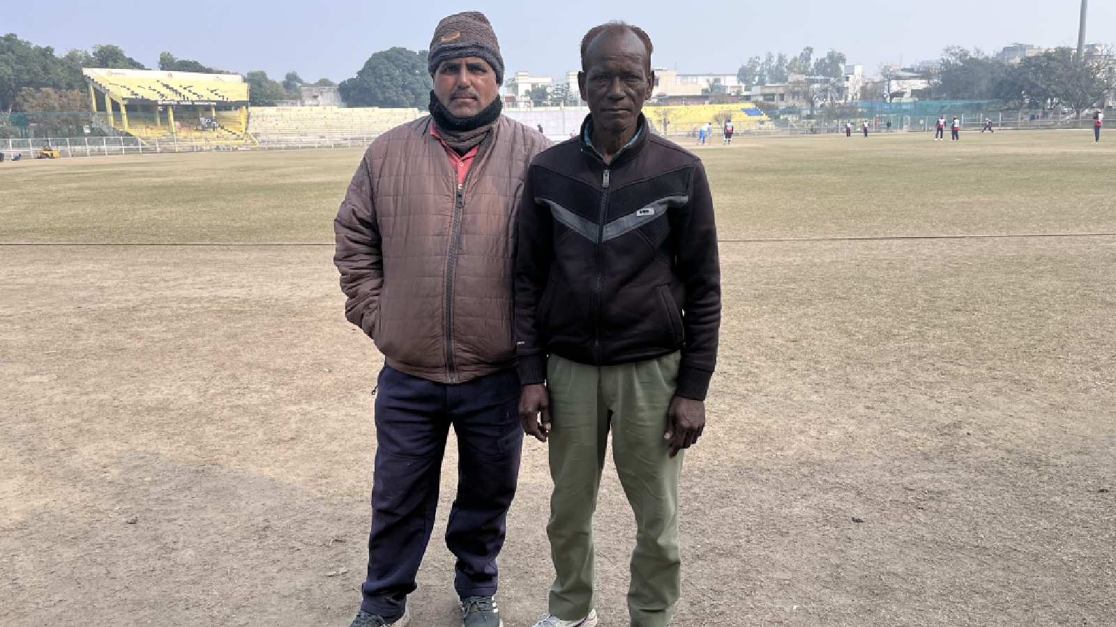 Curators Hansraj (right) and Raju at the Gandhi Sports Complex Ground in Amritsar. (Express photo by Rana Simranjit Singh)