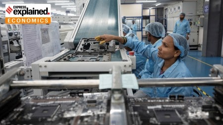 Workers on the printed circuit board assembly line at Zetwerk Electronics near Bengaluru, India, June 11, 2025.