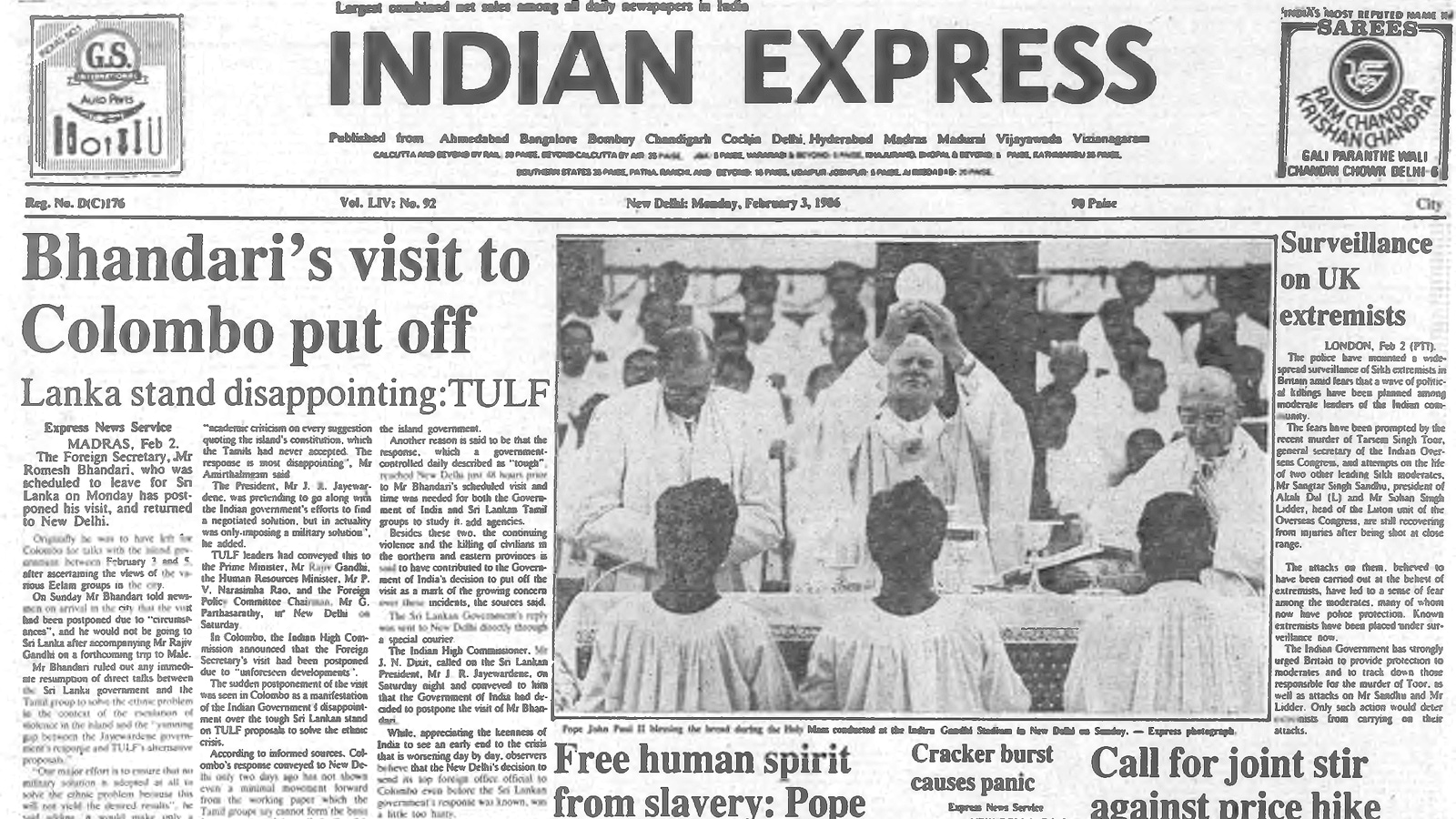 40 years ago February 03, 1986: Talks with Sri Lanka postponed
