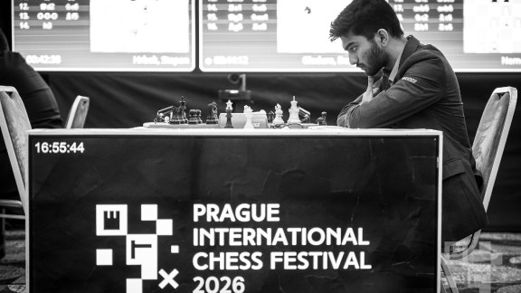 World champion D Gukesh contemplates his next move at the Prague International Chess Festival. (PHOTO: Petr Vrabec via Prague International Chess Festival)