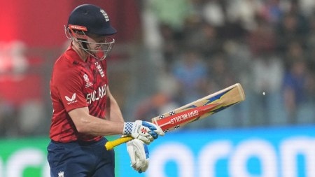 England's captain Harry Brook leaves the ground after losing his wicket during the T20 World Cup cricket match between England and West Indies in Mumbai, India, Wednesday, Feb. 11, 2026. (AP Photo)