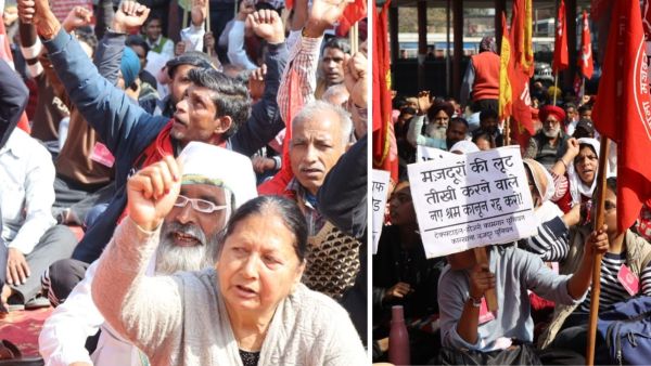 The protests taken out by joint association of different trade unions at Bus Stand in Ludhiana on Thursday (Express Photo by Gurmeet Singh)