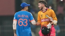 T20 World Cup 2026 Points Table Super 8: India's captain Suryakumar Yadav, left, shake hands with Zimbabwe's Brian Bennett after winning the T20 World Cup cricket match between India and Zimbabwe in Chennai, India, Thursday, Feb. 26, 2026. (AP Photo)