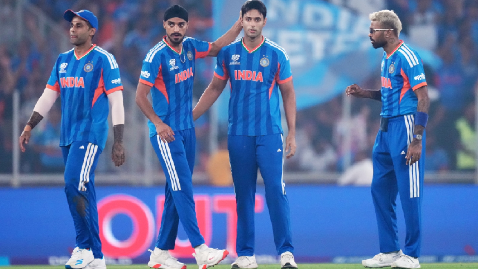 India's Shivam Dube, second right, celebrates with teammates the wicket of South Africa's Dewald Brevis during the T20 World Cup cricket match between India and South Africa in Ahmedabad, India, Sunday, Feb. 22, 2026. (AP Photo)