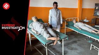 Patient mannequins at an empty medical laboratory in UP’s Moradabad district.