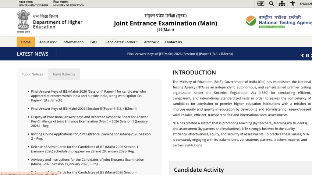 JEE Mains Session 1 Result 2026 Scorecard Direct Link at jeemain.nta ...