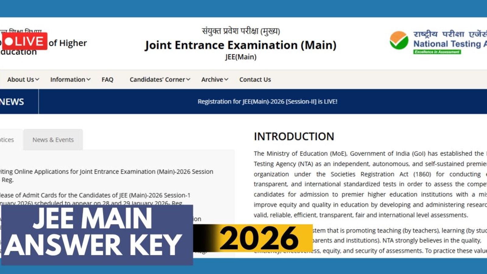 JEE Main 2026 Answer Key Live Updates: NTA releasing JEE Main Session 1 response sheet with answer key at nta.ac.in