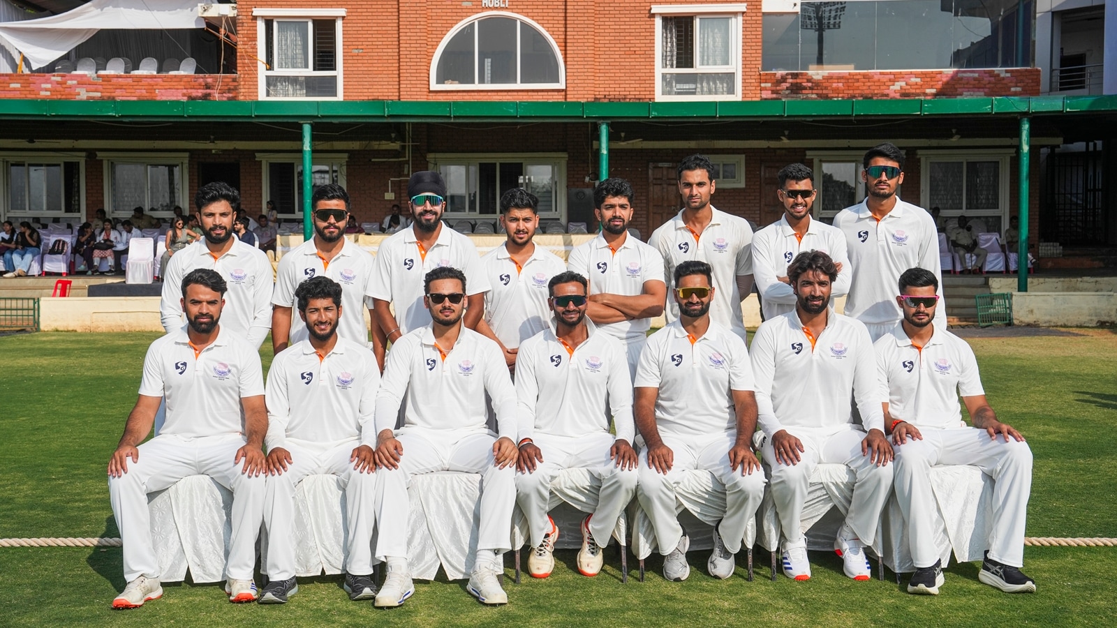  Jammu and Kashmir's team poses for a group photograph on day five of the Ranji Trophy 2025-26 final cricket match between Karnataka and Jammu and Kashmir, at KSCA Cricket Stadium, in Hubballi, Dharwad district, Saturday, Feb. 28, 2026. (PTI Photo/Shailendra Bhojak)(PTI02_28_2026_000127A)