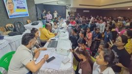 At an enrollment camp for the Yuvasathi scheme in Kolkata's Tala area on Sunday.