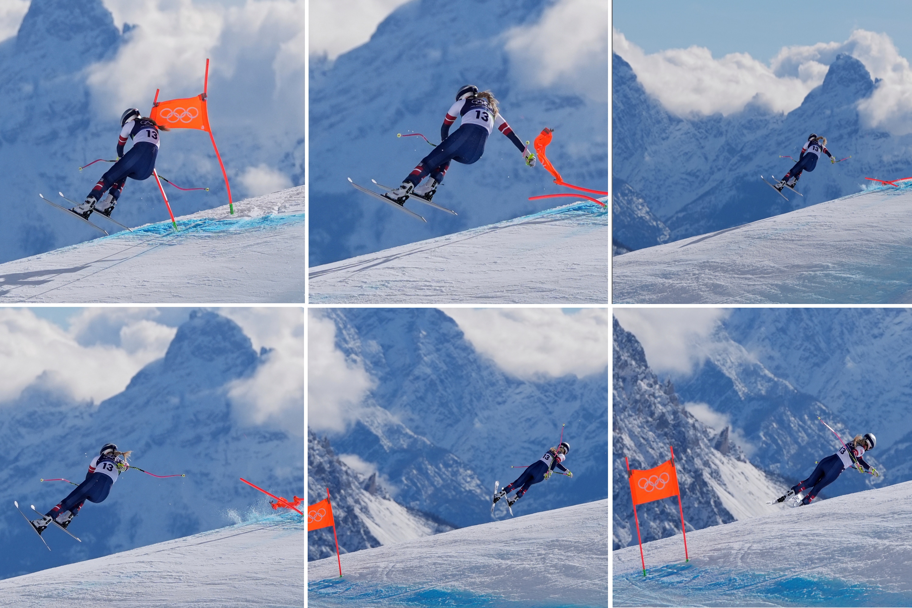 This combination of images shows the United States' Lindsey Vonn crashing during an alpine ski women's downhill race, at the 2026 Winter Olympics, in Cortina d'Ampezzo, Italy, Sunday, Feb. 8, 2026. (AP Photo)