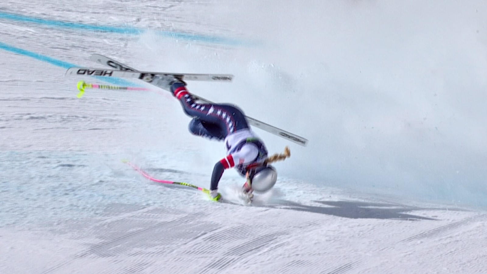 In this image taken from video provided by Olympic Broadcasting Services, OBS, Lindsey Vonn crashes during an alpine ski women's downhill race, at the 2026 Winter Olympics, in Cortina d'Ampezzo. (Olympic Broadcasting Services via AP)