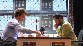 File image of Arjun Erigaisi taking on Magnus Carlsen. (Express photo by Partha Paul)
