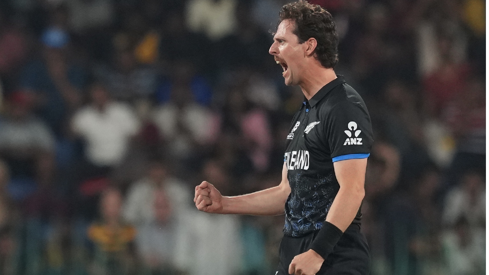 New Zealand's Matt Henry celebrates the wicket of England's Phil Salt during the T20 World Cup cricket match between England and New Zealand in Colombo, Sri Lanka, Friday, Feb. 27, 2026. (AP Photo)