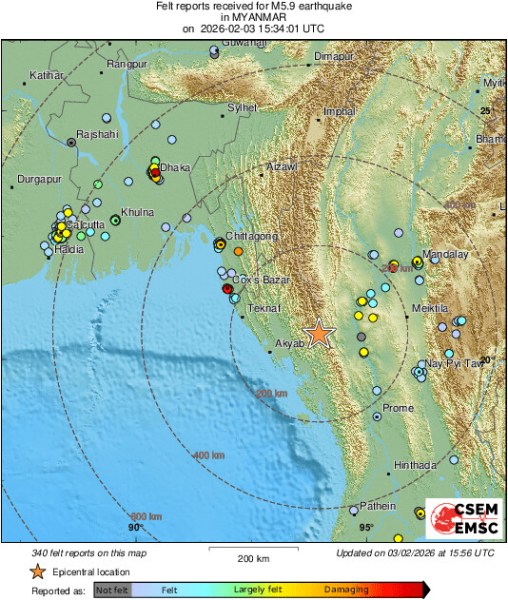#Earthquake 73 mi E of #Akyab (#Myanmar) 23 min ago (local time 22:04:01). Updated map - Colored dots represent local shaking & damage level reported by eyewitnesses.