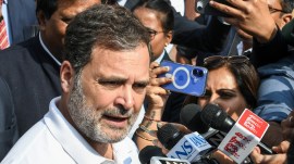 Lok Sabha LoP Rahul Gandhi speaks to the media at the parliament premises during the Budget Session