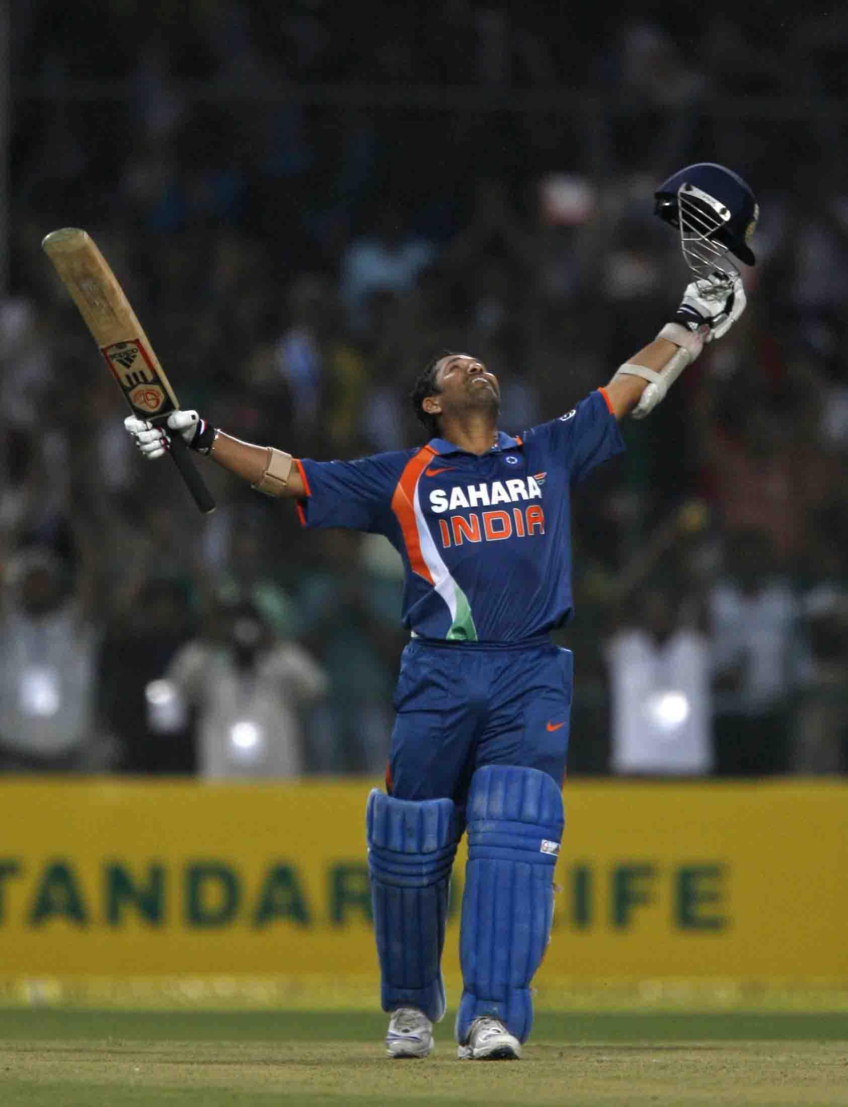 Sachin Tendulkar celebrates his double century in the second one-day international against South Africa in Gwalior on February 24, 2010. (Express file photo by Punit Paranjpe)