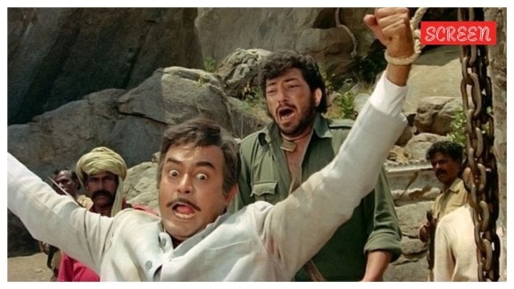 Sanjeev Kumar as Thakur and Amjad Khan as Gabbar in Sholay.