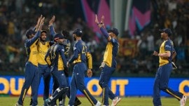 Sri Lanka's players celebrates the wicket of Australia's Tim David during the T20 World Cup cricket match between Sri Lanka and Australia in Pallekele, Sri Lanka, Monday, Feb. 16, 2026. (AP Photo)