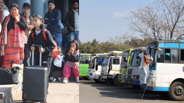 Passengers wait at Ludhiana bus stand as (right) buses failed to conduct services due to the Bharat Bandh called by central trade unions and farmer unions on Thursday (Express Photo by Gurmeet Singh)