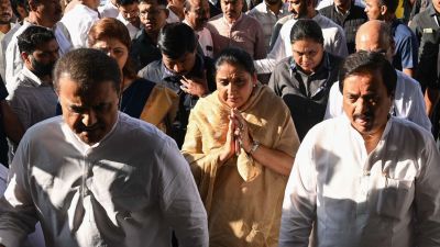 Maharashtra DCM Sunetra Pawar enters in order to attend a meeting where she will be elected as the party's president, at NSCI Dome, Worli in Mumbai on 26 February 2026. (Express photo by Sankhadeep Banerjee)